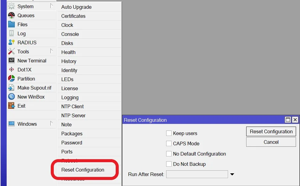MikroTik reset w WinBox